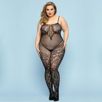Відвертий бодістокінг JSY &laquo;Фатальна Скарлет&raquo; Plus Size, Black, імітація боді, мереживо, доступ SO8388 фото