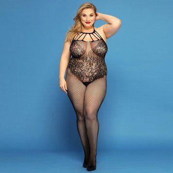 Сетчатый бодистокинг JSY &laquo;Откровенная Мадлен&raquo; Plus Size, Black, имитация боди, кружево, доступ SO8389 фото