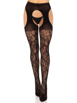 Стрип-колготки Leg Avenue Eyelet lace suspender hose, One Size, чорні, ажурні, з відкритим доступом SX1063 фото