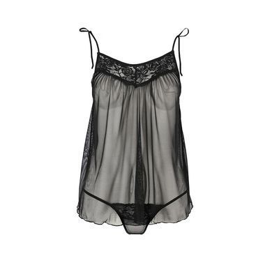 Сорочка прозрачная беби-долл Passion MELANIA CHEMISE XXL/XXXL, black, трусики, на тонких бретелях EL16306 фото