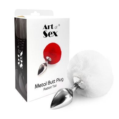 Металлическая анальная пробка М Art of Sex - Metal Butt plug Rabbit Tail White, диаметр 3,4 см