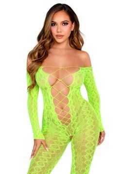 Бодістокінг Leg Avenue Crotchless Footless Lingerie Bodystocking One Size Neon Green SX2777 фото