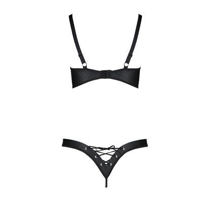 Комплект из экокожи Passion CELINE BIKINI L/XL, black, открытый бра с лентами, стринги со шнуровкой SO6400 фото