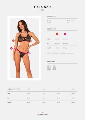Полупрозрачный комплект Obsessive Celia Noir 2-pcs set XL/2XL, бюстгальтер, стринги SO7867 фото