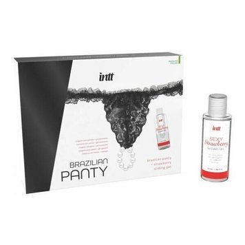 Набор Intt BRAZILIAN PANTY BLACK: трусики на резинке S-XL с жемчужным кольцом + клубничная смазка SO7129 фото