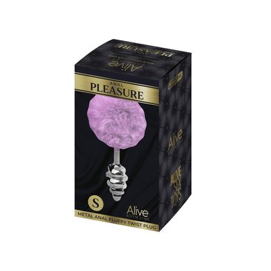 Металева анальна пробка Кролячий хвостик Alive Fluffy Twist Plug S Purple, діаметр 2,9 см