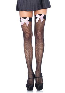 Чулки-сетка с атласным бантиком Leg Avenue Fishnet Thigh Highs One size, Black, With Bow Pink SO8596 фото