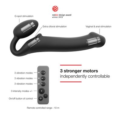 Безремневой страпон с вибрацией Strap-On-Me Vibrating Black L, диаметр 3,7см, пульт ДУ, регулируемый SO3829 фото