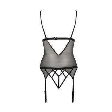 Корсет з відкритими грудьми Passion DIABOLINA CORSET S/M, black, пажі, трусики, напівпрозорий PS25805 фото