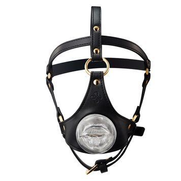 Маска-сбруя для минета LOCKINK SEVANDA Blowjob Head Harness, черная, с мягкой вставкой в виде губ SX0911 фото