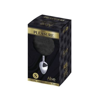 Металлическая анальная пробка Кроличий хвостик Alive Fluffy Plug S Black, диаметр 2,8 см