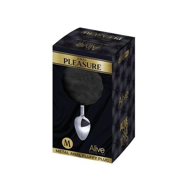 Металлическая анальная пробка Кроличий хвостик Alive Fluffy Plug M Black, диаметр 3,4 см