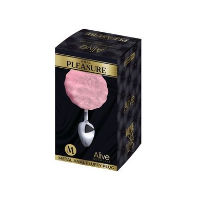 Металлическая анальная пробка Кроличий хвостик Alive Fluffy Plug M Pink, диаметр 3,4 см