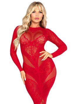 Сукня з довгим рукавом Leg Avenue Lace and Net Bodycon Gown One Size, Red SX1738 фото
