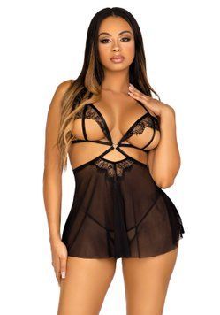 Сорочка беби-долл с открытыми чашками Leg Avenue Lace and mesh babydoll & panty Black S, стринги SO9163 фото