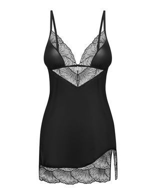 Пеньюар Obsessive Lobellis chemise & thong, XS/S, чорний, мереживне оздоблення, стрінги в комплекті SX1020 фото