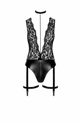 Боді Noir Handmade F297 Libido, S, чорне, мереживо, низ під латекс, відкритий доступ, гартери SX0219 фото