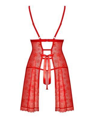 Новорічна сорочка Obsessive Claussica S/M, червона, прозора з візерунком, стрінги в комплекті SX3081 фото